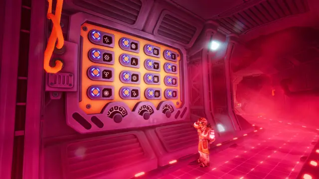 An Explorer examining a large symbol panel in a red corridor