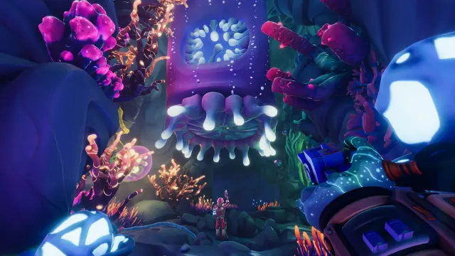An Explorer beneath luminous formations in a cave