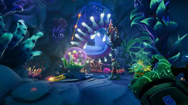 Explorers using tools in a luminous cave